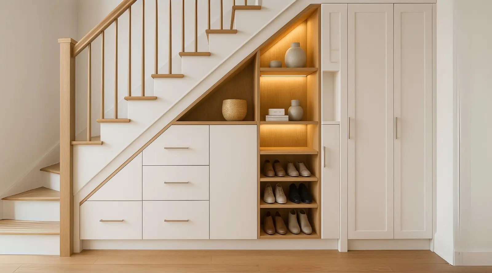Under stairs storage with cupboards, drawers and open shelving