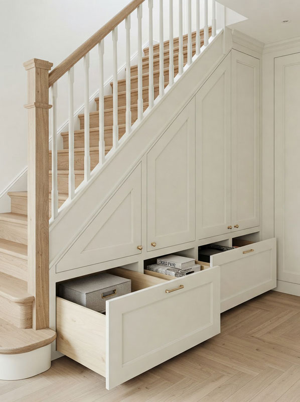 Bespoke under stairs storage with cupboards and deep pull-out drawers in Leeds